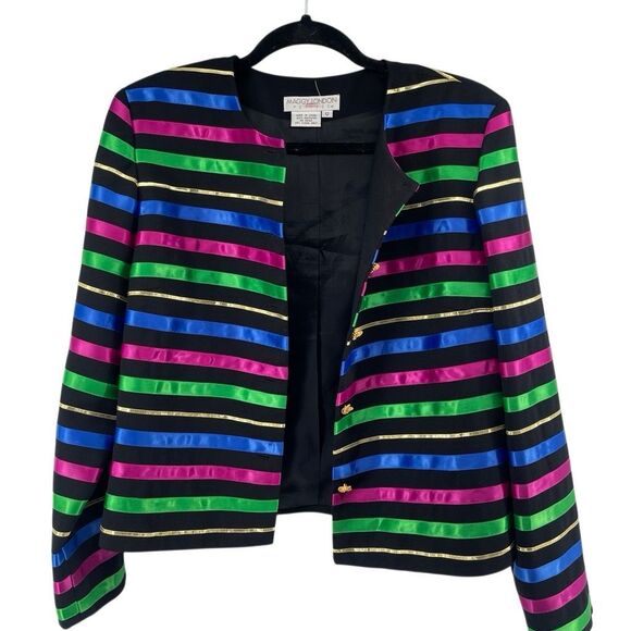 Vintage Maggy London Petites Satin Stripe Statement Blazer Jacket Gold Button 12